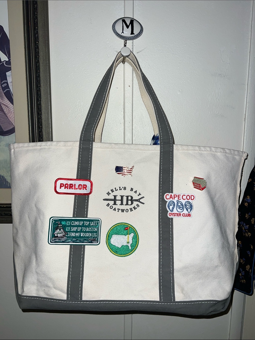 L.L. Bean White Canvas Tote with Gray Trim and Nautical Patches. Medium open top